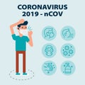 Infographic with set of icons about coronavirus Wuhan virus disease with illustrated sick man wearing mask