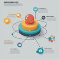 An infographic showcasing a central 3D layered structure with a red sphere on top, Royalty Free Stock Photo
