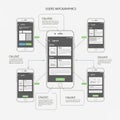 Infographic showcasing a mobile app interface on five smartphone illustrations Royalty Free Stock Photo