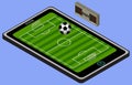 Infographic soccer playground, ball, and tablet. Isometric soccer image. Isolated.