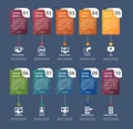 Infographic Social Media template. Icons in different colors. Include Like, Audience, Boosted Post, Feed and others