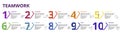Infographic Teamwork template. Icons in different colors. Include Teamwork, Trust, Vision, Planning and others.