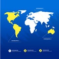 Infographic template blue background world map in yellow and white inserts with information text Royalty Free Stock Photo