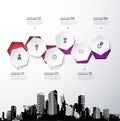 Infographic template with five circles, icons and city.