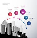 Infographic template with five circles, icons and skyscrapers.