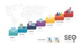 Infographic template seo optimization diagram presentation banner template. SEO Digital presentation layout. 7 option chart steps