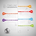 Infographic timeline report template with company or life milestones, icons, years and color buttons, vector style