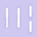 Infographic of use white tampon in the applicator. Feminine products icon. Woman menstrual care. Illustration of hygiene