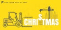 infographic Vector creative illustration of Christmas text forklift city building crane on yellow background. concept. Thin line