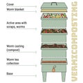 Infographic of vermicomposting. Components of vermicomposter. Vermicomposter schematic design. Worm composting. Recycling organic