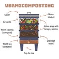 Infographic of vermicomposting. Components of vermicomposter. Vermicomposter schematic design. Worm composting. Recycling organic