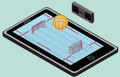 Infographic water polo playground, ball, net, and tablet. Isometric water polo image. Isolated