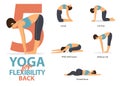 Infographic of 5 Yoga poses for back flexibility in flat design. Beauty woman is doing exercise for body stretching. Vector.