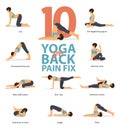 Infographic of 10 Yoga poses for back pain relieve in flat design. Beauty woman is doing exercise for back strength. Vector.