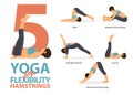 Infographic of 5 Yoga poses for hamstrings flexibility in flat design. Beauty woman is doing exercise for body stretching. Vector