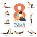 Infographic of 8 Yoga poses for happy back in flat design. Beauty woman is doing exercise for body stretching. Vector.