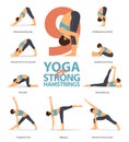 Infographic of 9 Yoga poses for hip and hamstrings in flat design. Beauty woman is doing exercise for hip strength. Vector. Royalty Free Stock Photo