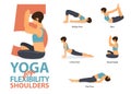 Infographic of 5 Yoga poses for shoulders flexibility in flat design. Beauty woman is doing exercise for body stretching. Vector