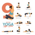 Infographic of 9 Yoga poses for after work concept in flat design. Beauty woman is doing exercise for body stretching. Vector.