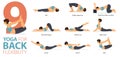 9 Yoga poses for workout in concept of Back Flexibility in flat design. Women exercising for body stretching. Vector