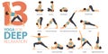 13 Yoga poses or asana posture for workout in Deep Relaxation concept. Women exercising for body stretching. Fitness infographic.