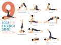 9 Yoga poses for workout in concept of Energising Strength in flat design. Women exercising for body stretching. Vector