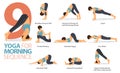 9 Yoga poses or asana posture for workout in Morning sequence concept. Women exercising for body stretching. Vector.