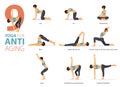 Infographic 9 Yoga poses for workout at home in concept of anti aging in flat design. Women exercising for body stretching.