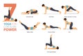 7 Yoga poses for workout at home in concept of core and abs power in flat design. Women exercising for body stretching.