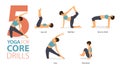 Infographic 5 Yoga poses for workout at home in concept of core drills in flat design. Women exercising for body stretching.