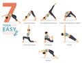 7 Yoga poses or asana posture for workout in easy sequence concept. Women exercising for body stretching. Fitness infographic.