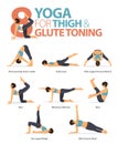 8 Yoga poses or asana posture for workout in thigh & glute toning concept. Women exercising for body stretching. Vector