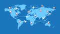 Infographics with airplanes, dotted paths and pointers on the world map. The trajectory of the route of the aircraft Royalty Free Stock Photo