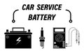 Infographics, car repair service. Digital multimeter, tester. Car battery charge measurement. Automotive spark plug. Set of vector Royalty Free Stock Photo