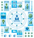 Infographics circular concept with lot of elements, circle divided with sectors and lines.