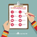 Infographics of conflagration report data in flat design. Icon set for property or real estate insurance. Vector. Royalty Free Stock Photo