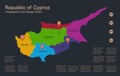 Infographics Cyprus map, flat design colors, names of individual administrative division, blue background with orange points