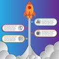 Infographics design template rocket or spaceship launches through the clouds with icons flying up 4 options elements arranged