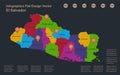 Infographics El Salvador map, flat design colors, names of individual administrative division, blue background with orange points