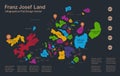 Infographics Franz Josef Land map, flat desighn colors, names of individual administrative division, blue background wit orange