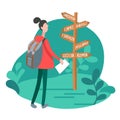 Infographics with girl at signpost in minimalist style. Vector flat illustration of woman traveling in Italy. Royalty Free Stock Photo