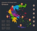 Infographics Greece map, flat design colors, with names of individual states, blue background with orange points