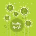 Infographics healthy lifestyle with healthy food icons, dumbbell, fruits, camping