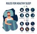 Infographics of healthy sleep tips. Sleeping man in bedroom and useful advices for better sleep. Recommendation for