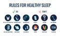 Infographics of healthy sleep tips. Useful advices for better sleep. Recommendation for night rest. Bedtime routine for
