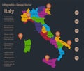 Infographics Italy map, flat design colors, with names of individual administrative division, blue background with orange points