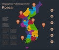 Infographics Korea Republic map, flat design colors, with names of individual administrative division, blue background with orange