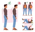 Infographics with Man Showing Proper and Improper Body Postures for Standing, Reading and Carrying Backpack