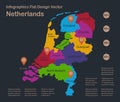 Infographics Netherlands map, flat design colors, with names of individual regions, blue background with orange points Royalty Free Stock Photo