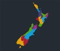 Infographics New Zealand map, flat design colors, individual states, blue background blank